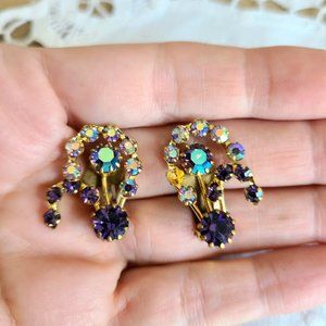 Vintage 1960s Aurora Borealis clip on earrings. Made in Austria.